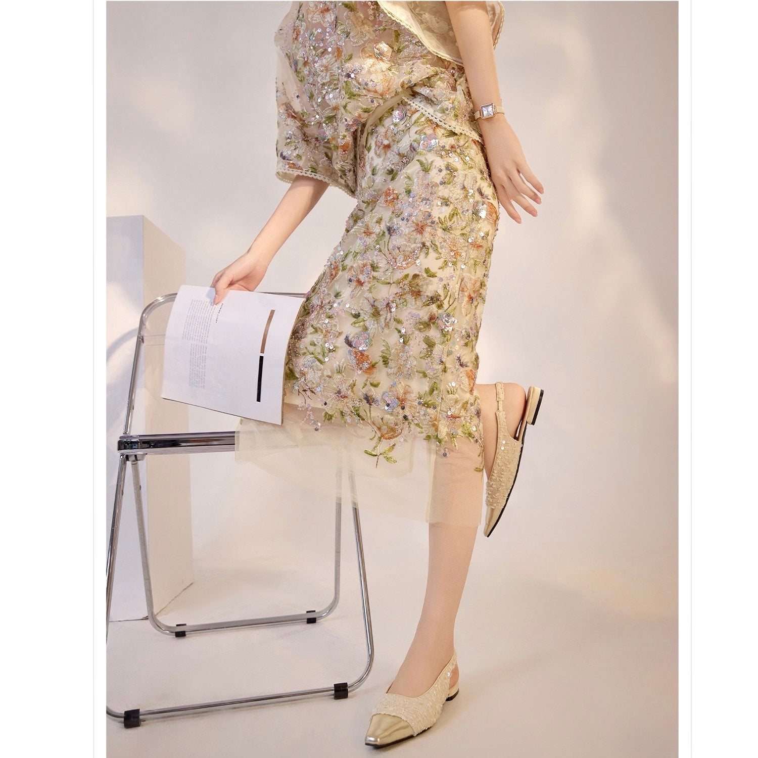 Embroidered Skirt White Floral Stylish Stitching Spring Summer