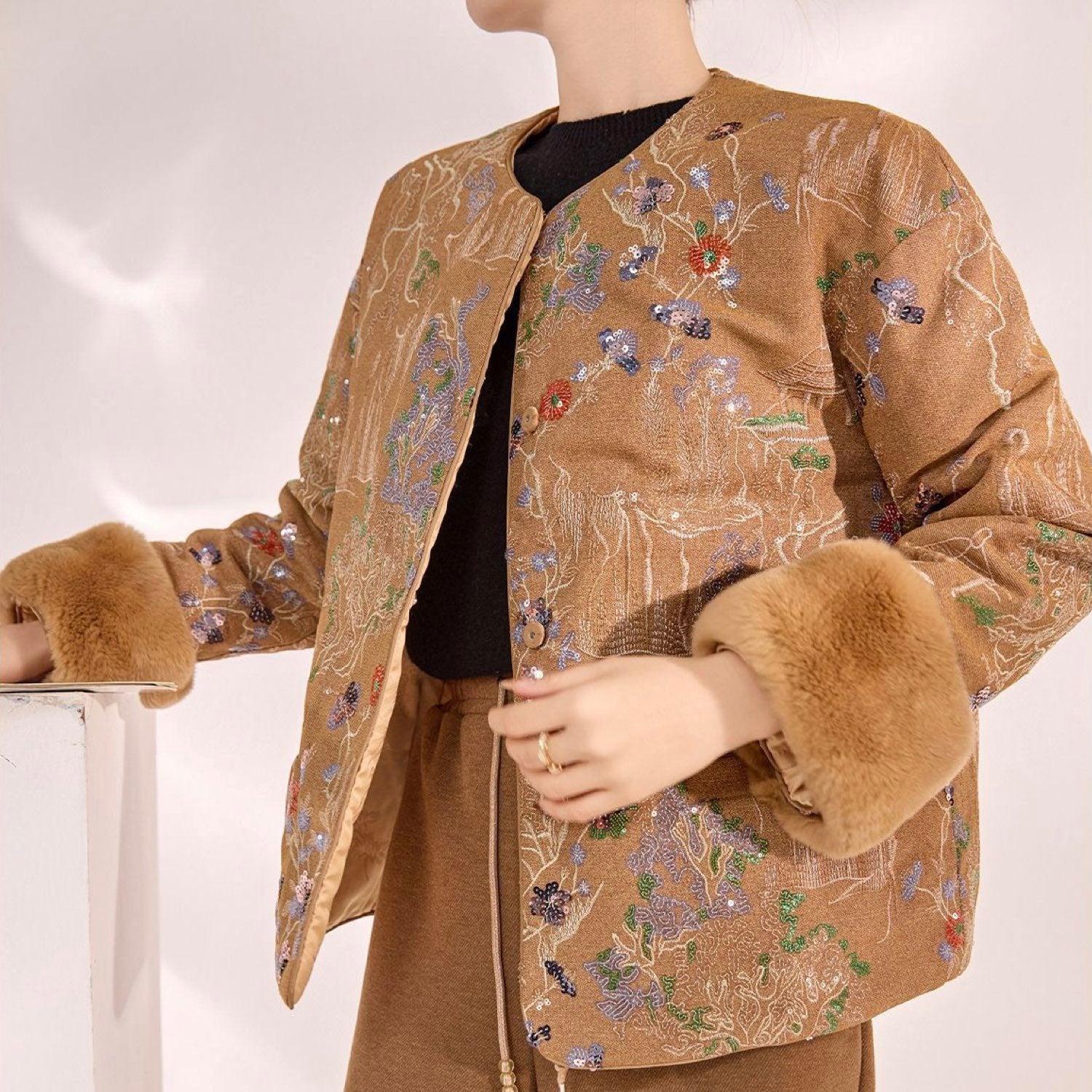 Embroidered Cardigan Golden Brown Jacket Coat Stylish Stitching