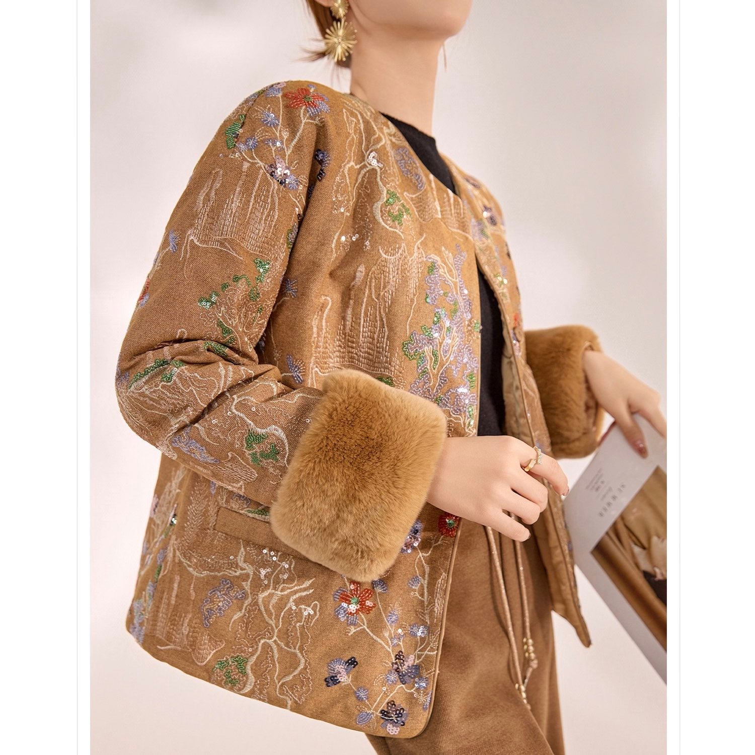Embroidered Cardigan Golden Brown Jacket Coat Stylish Stitching