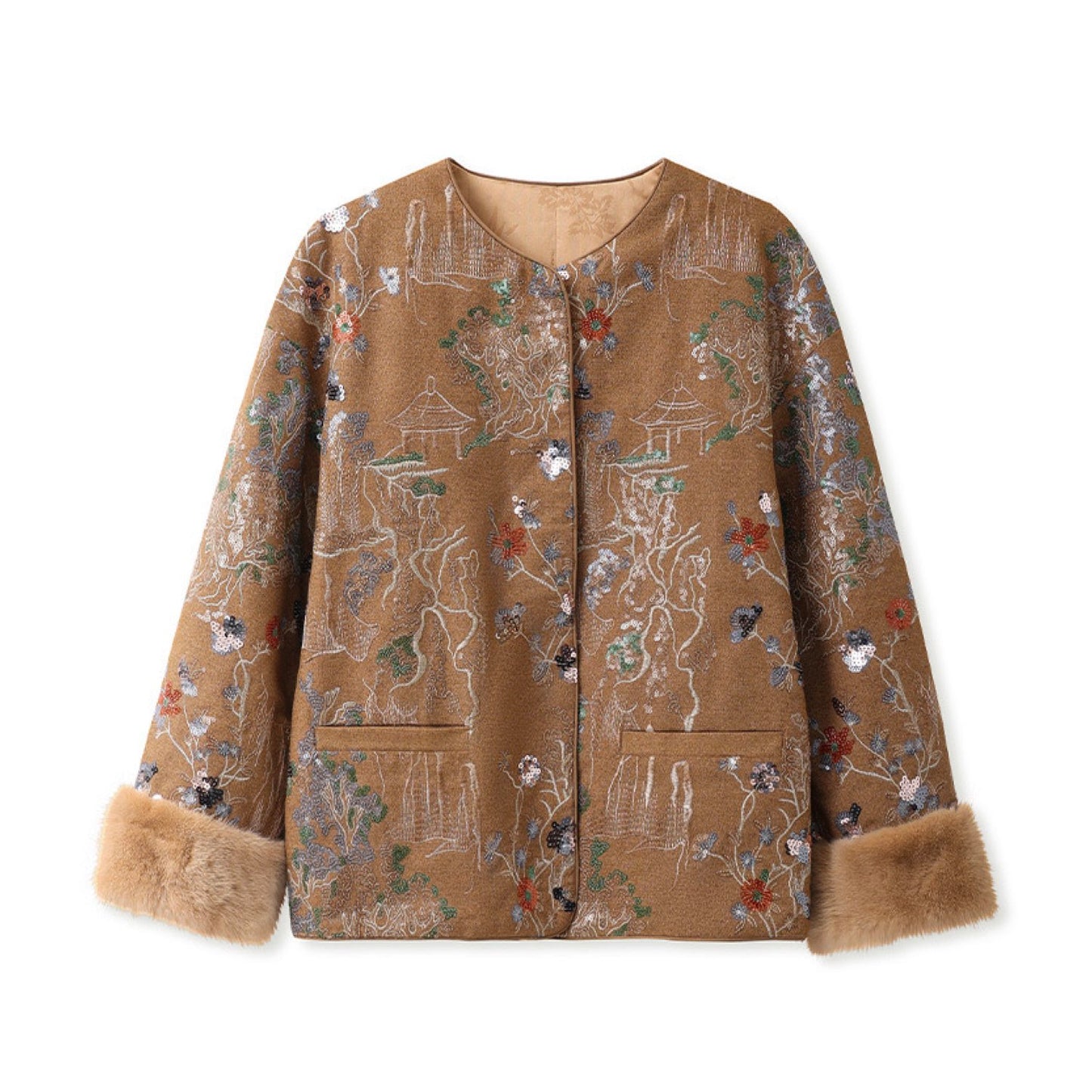 Embroidered Cardigan Golden Brown Jacket Coat Stylish Stitching
