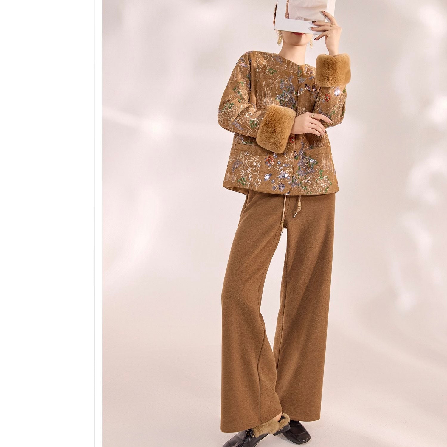 Embroidered Cardigan Golden Brown Jacket Coat Stylish Stitching