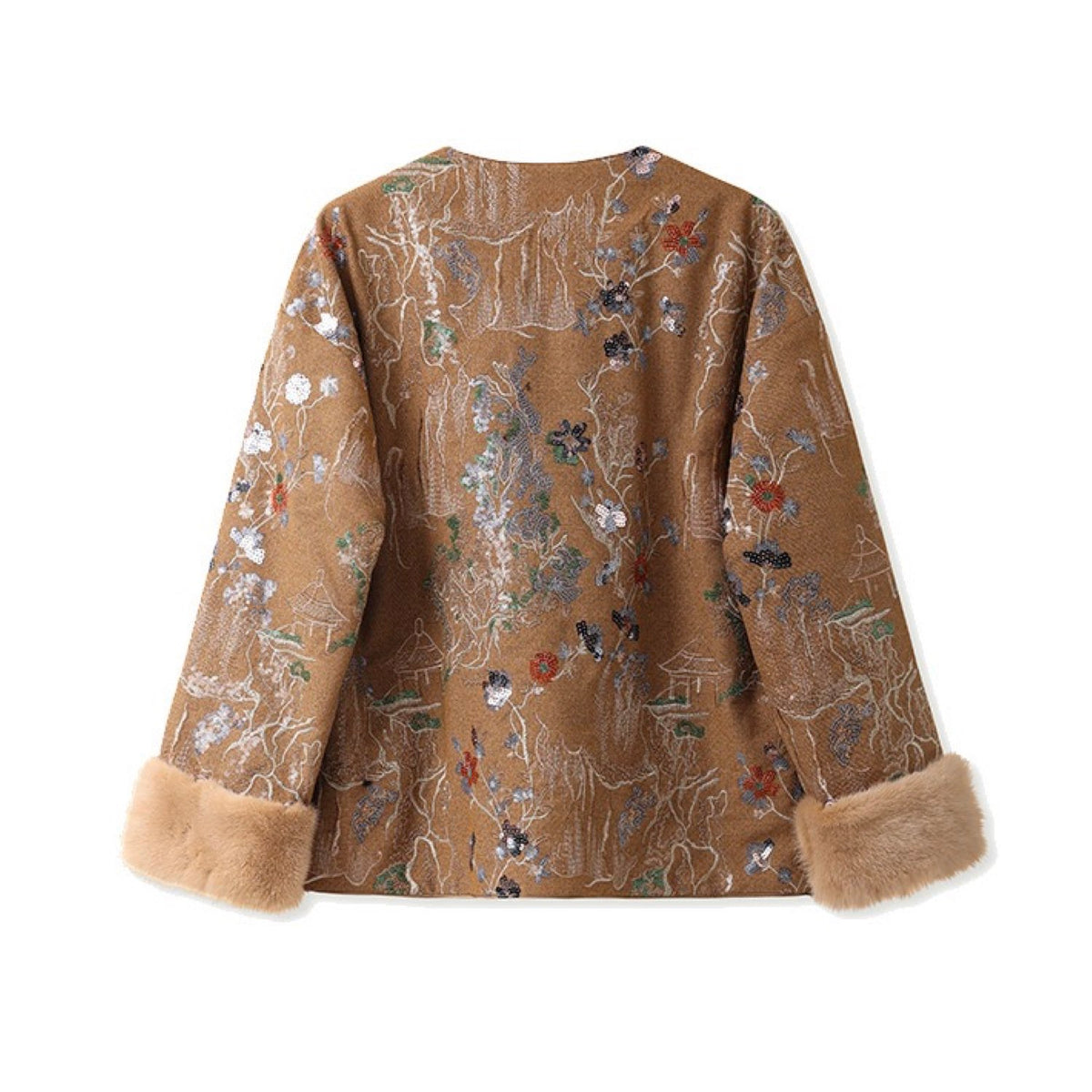 Embroidered Cardigan Golden Brown Jacket Coat Stylish Stitching