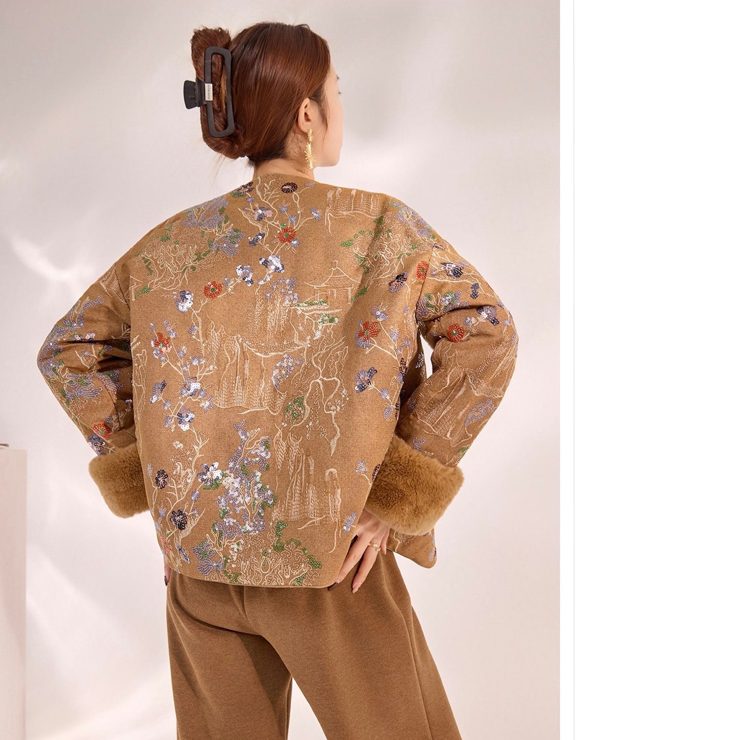 Embroidered Cardigan Golden Brown Jacket Coat Stylish Stitching