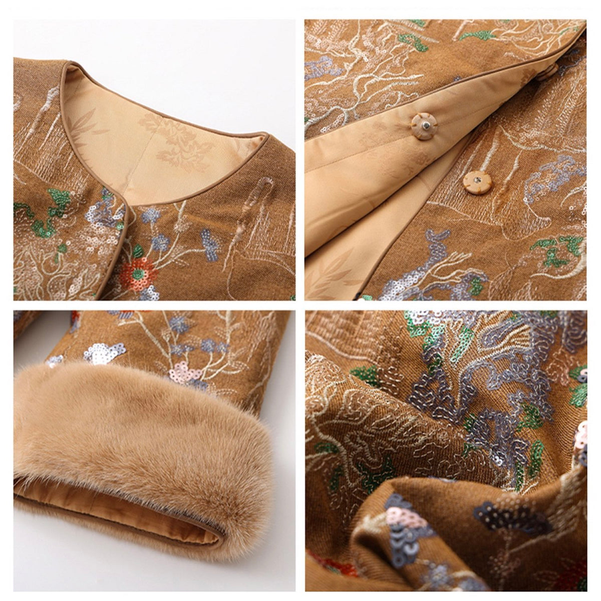 Embroidered Cardigan Golden Brown Jacket Coat Stylish Stitching
