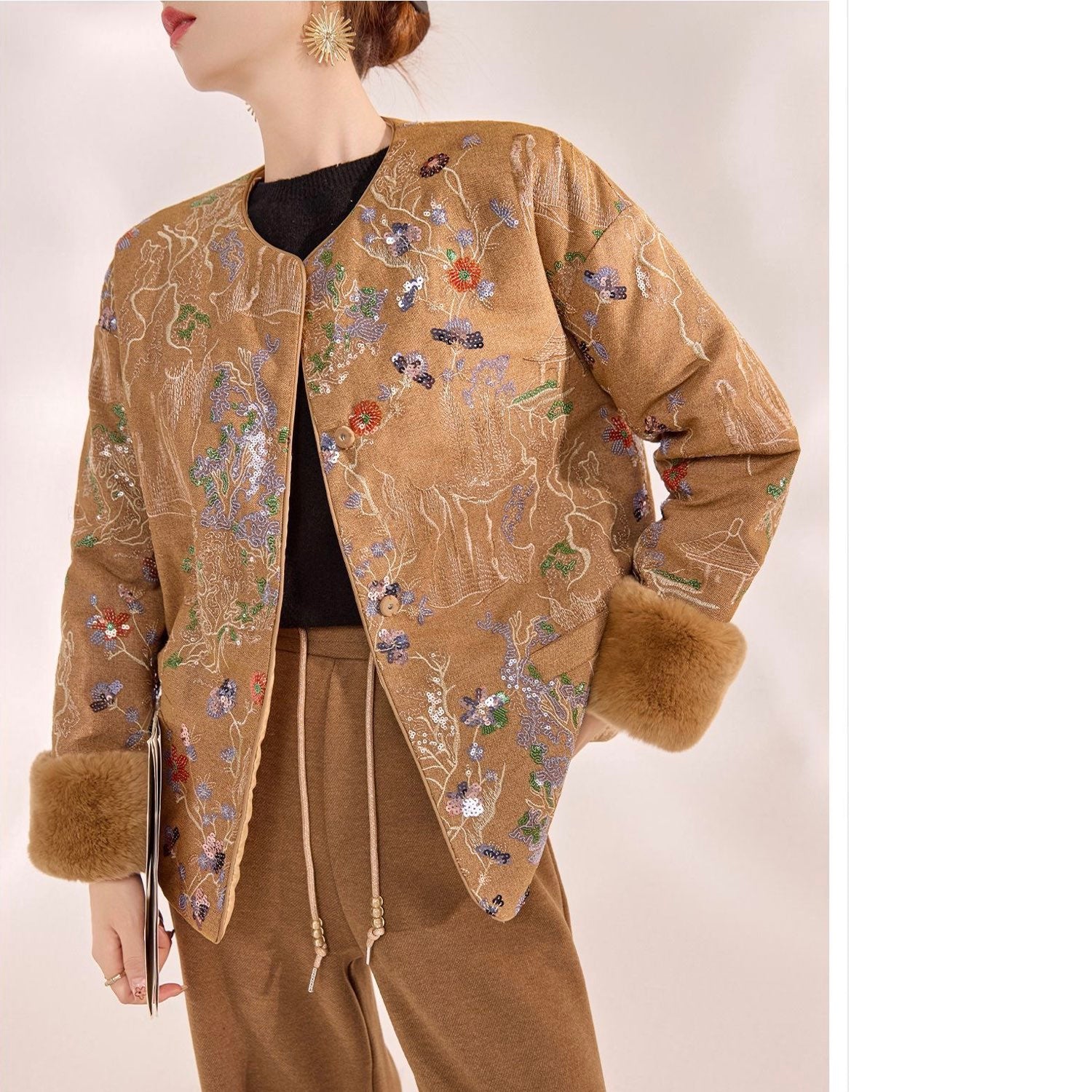 Embroidered Cardigan Golden Brown Jacket Coat Stylish Stitching