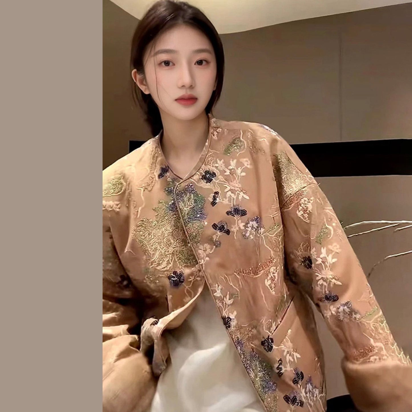Embroidered Cardigan Golden Jacket White Stylish Stitching