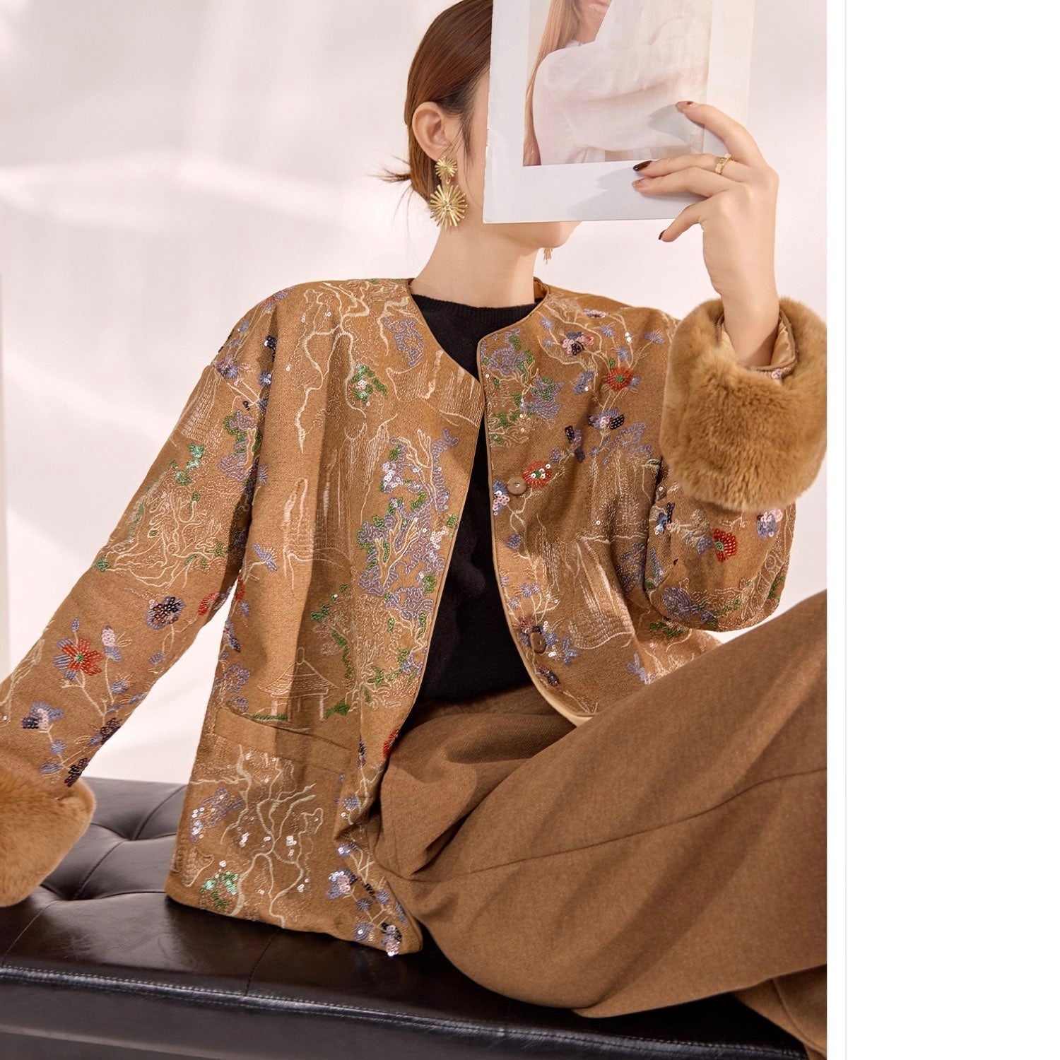Embroidered Cardigan Golden Brown Jacket Coat Stylish Stitching