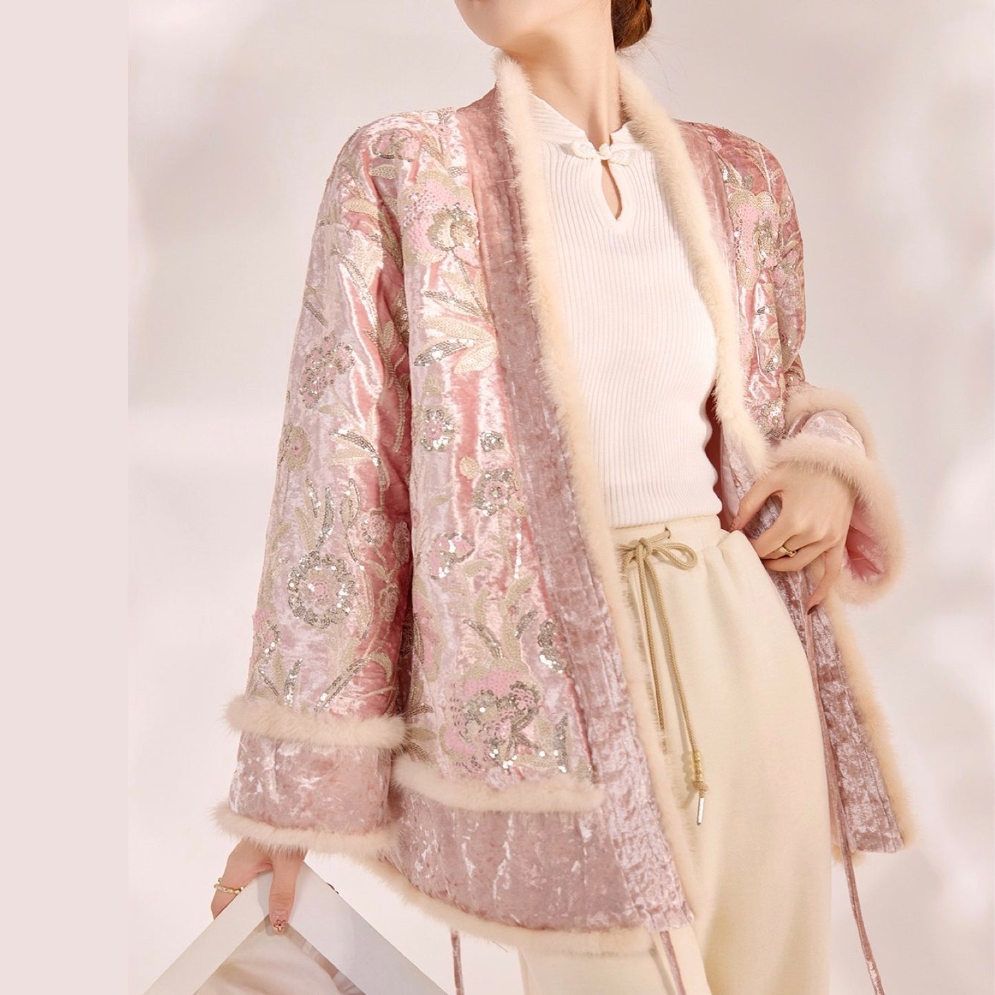 Embroidered Cardigan Jacket Floral Stylish Stitching Autumn Winter