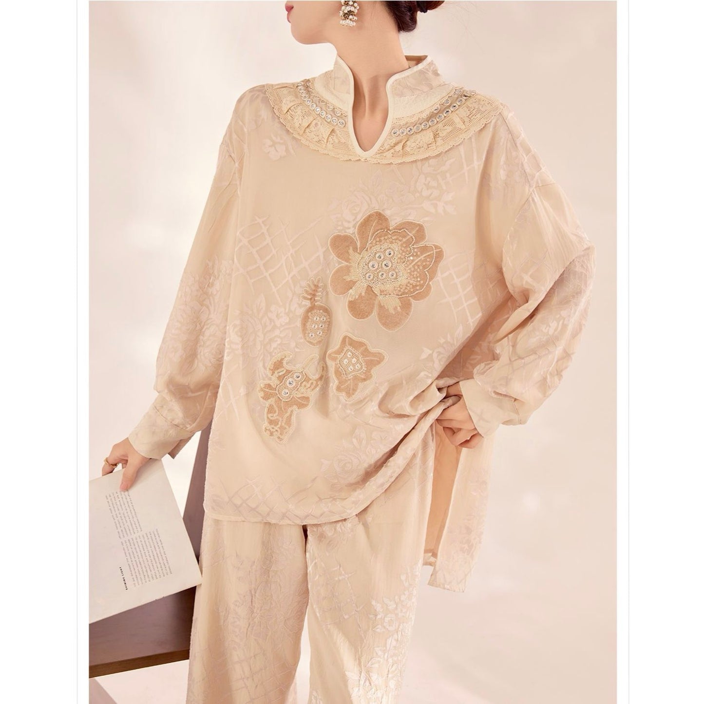 Embroidered Detail Floral Tunic in Champagne Beige