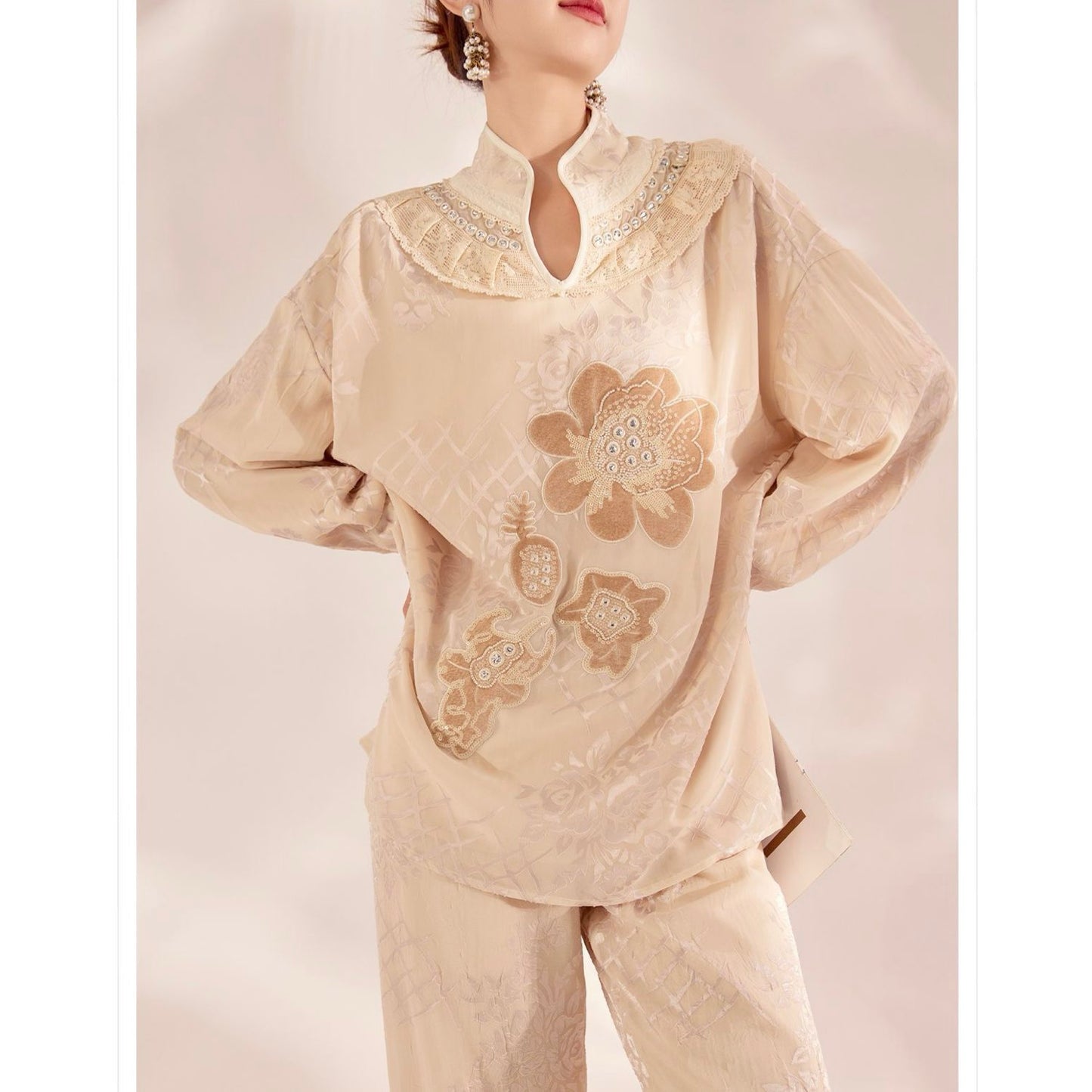 Embroidered Detail Floral Tunic in Champagne Beige