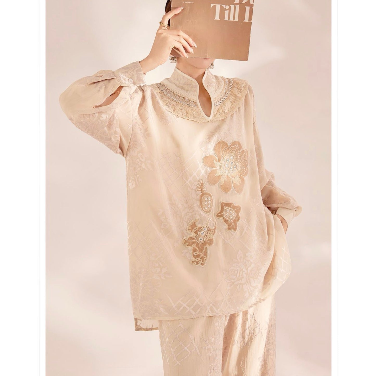 Embroidered Detail Floral Tunic in Champagne Beige