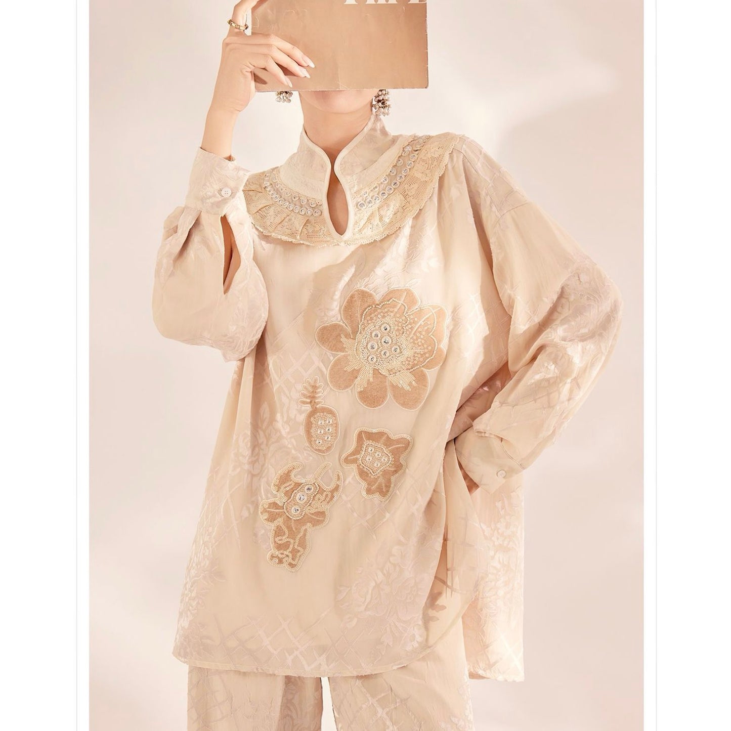 Embroidered Detail Floral Tunic in Champagne Beige