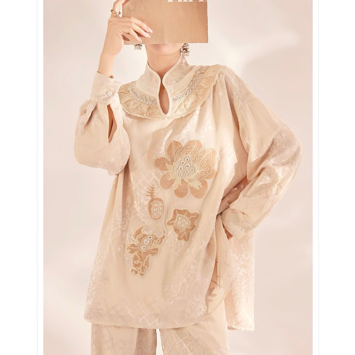 Embroidered Detail Floral Tunic in Champagne Beige