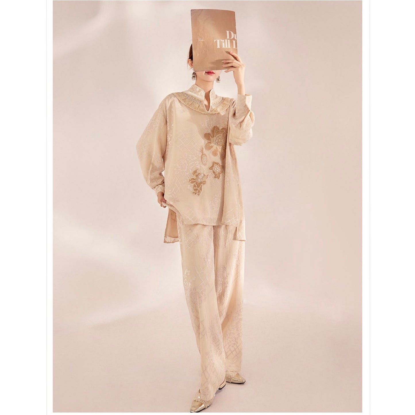 Embroidered Detail Floral Tunic in Champagne Beige