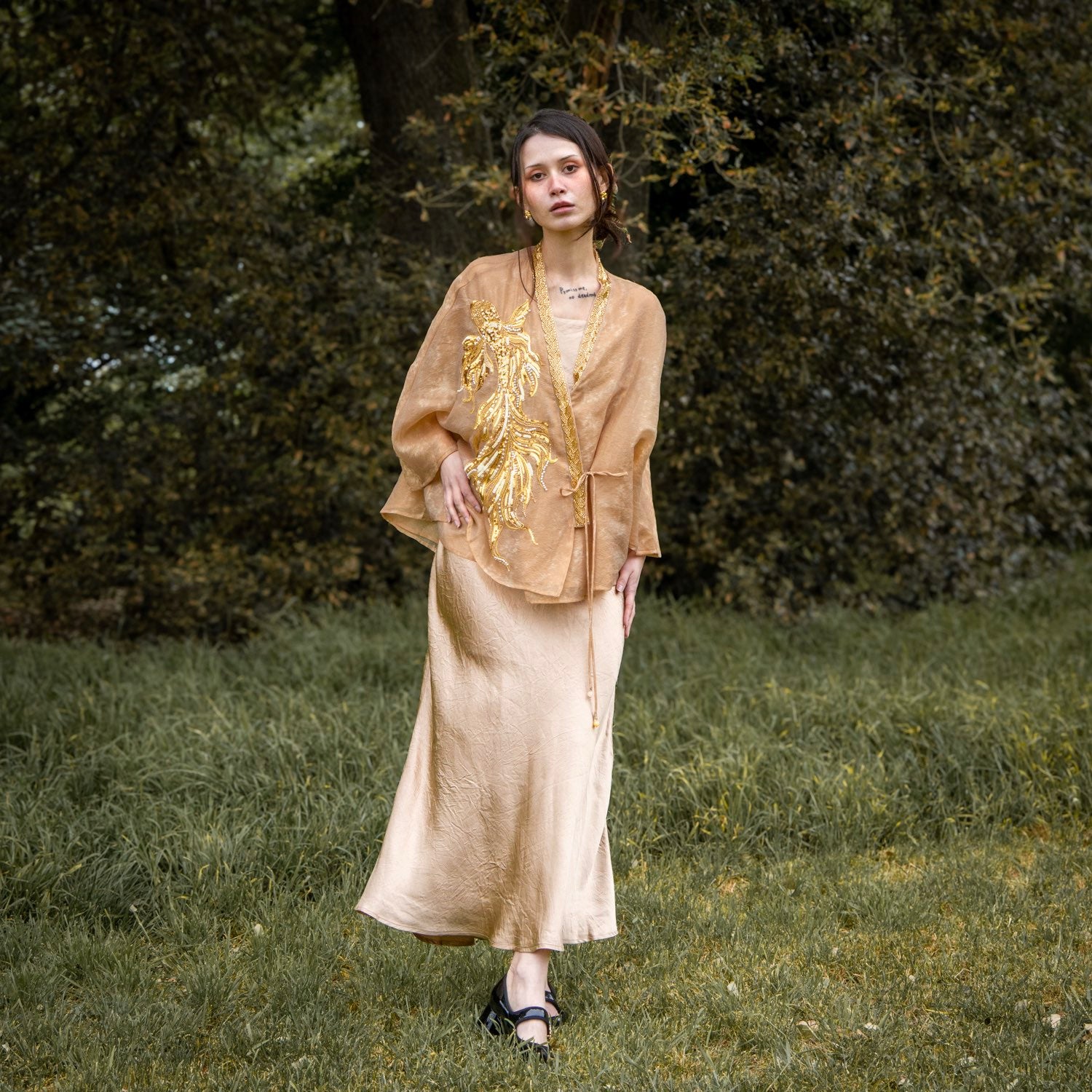 Embroidered Golden Cardigan Jacket Stylish Stitching Autumn Spring