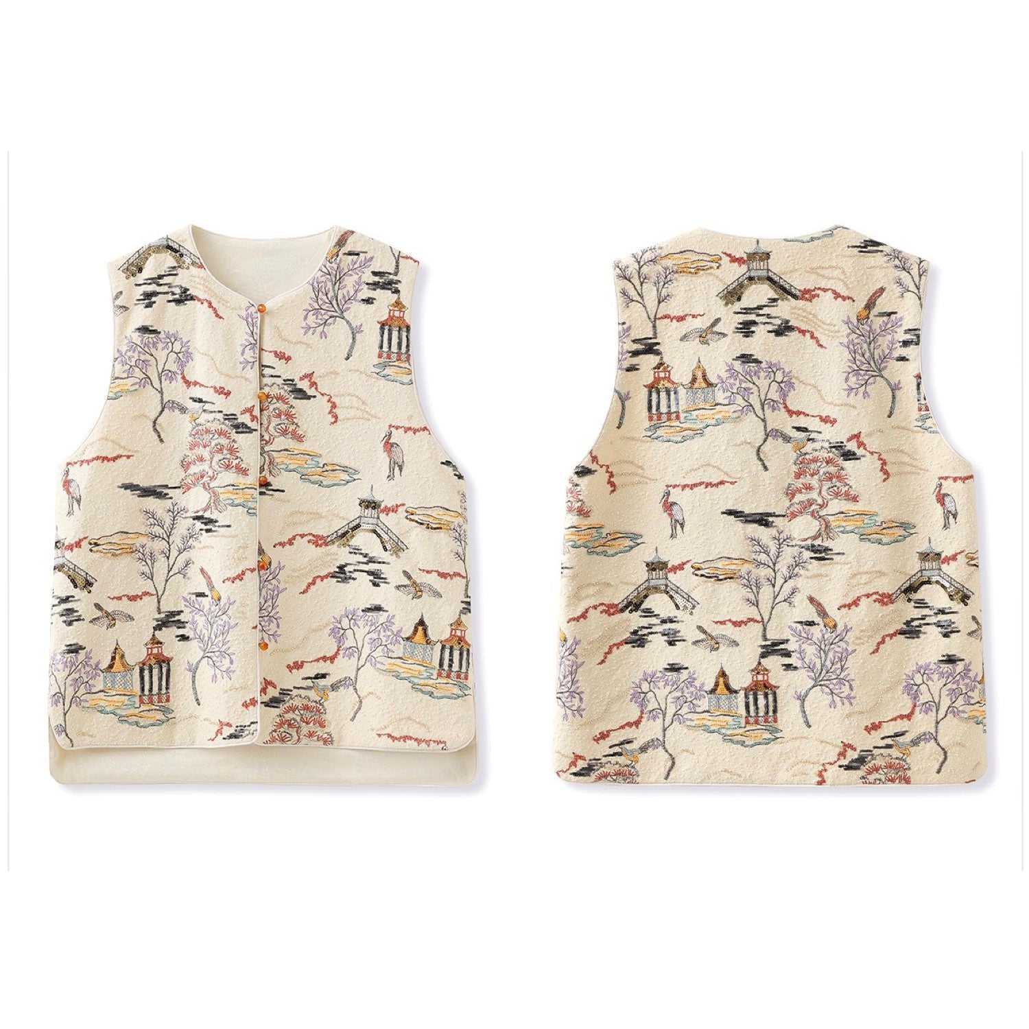 Embroidered Oriental Style Painting Stitching Vest Cream Yellow