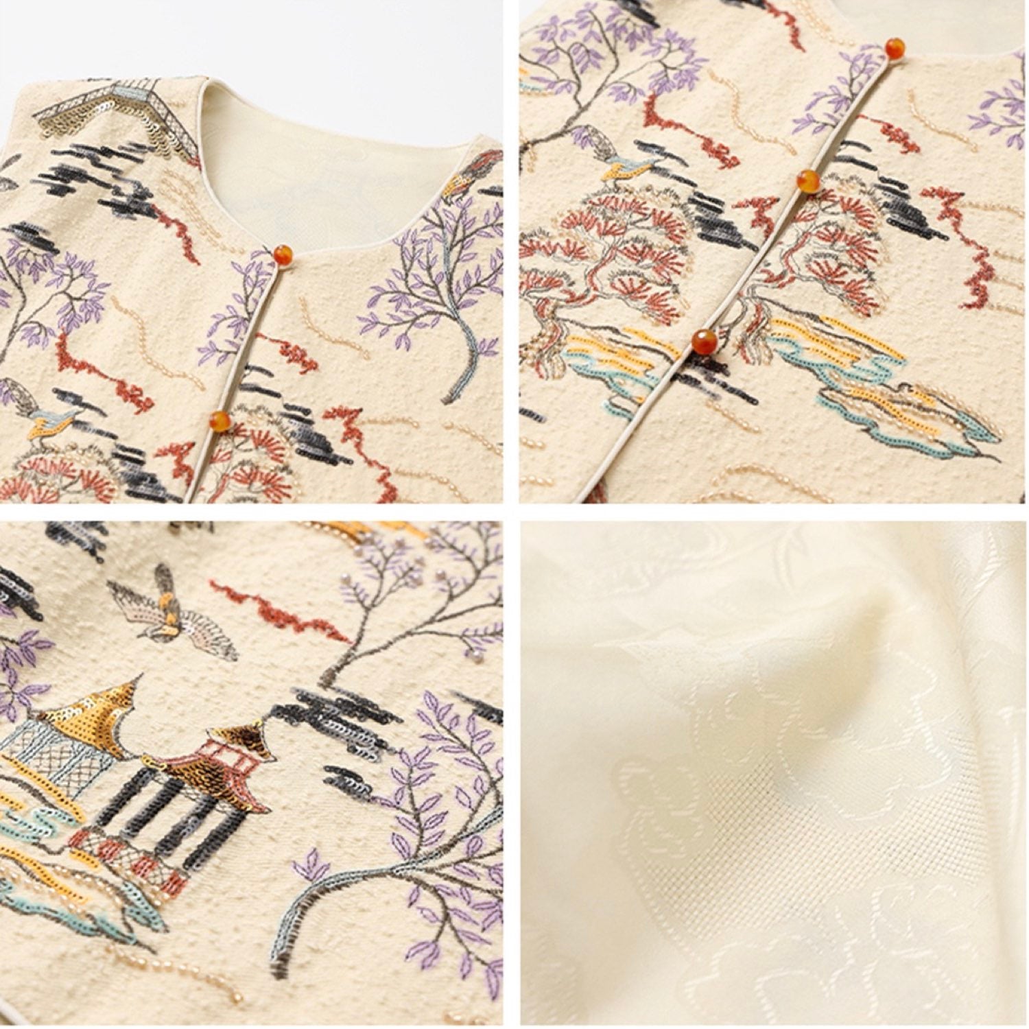 Embroidered Oriental Style Painting Stitching Vest Cream Yellow