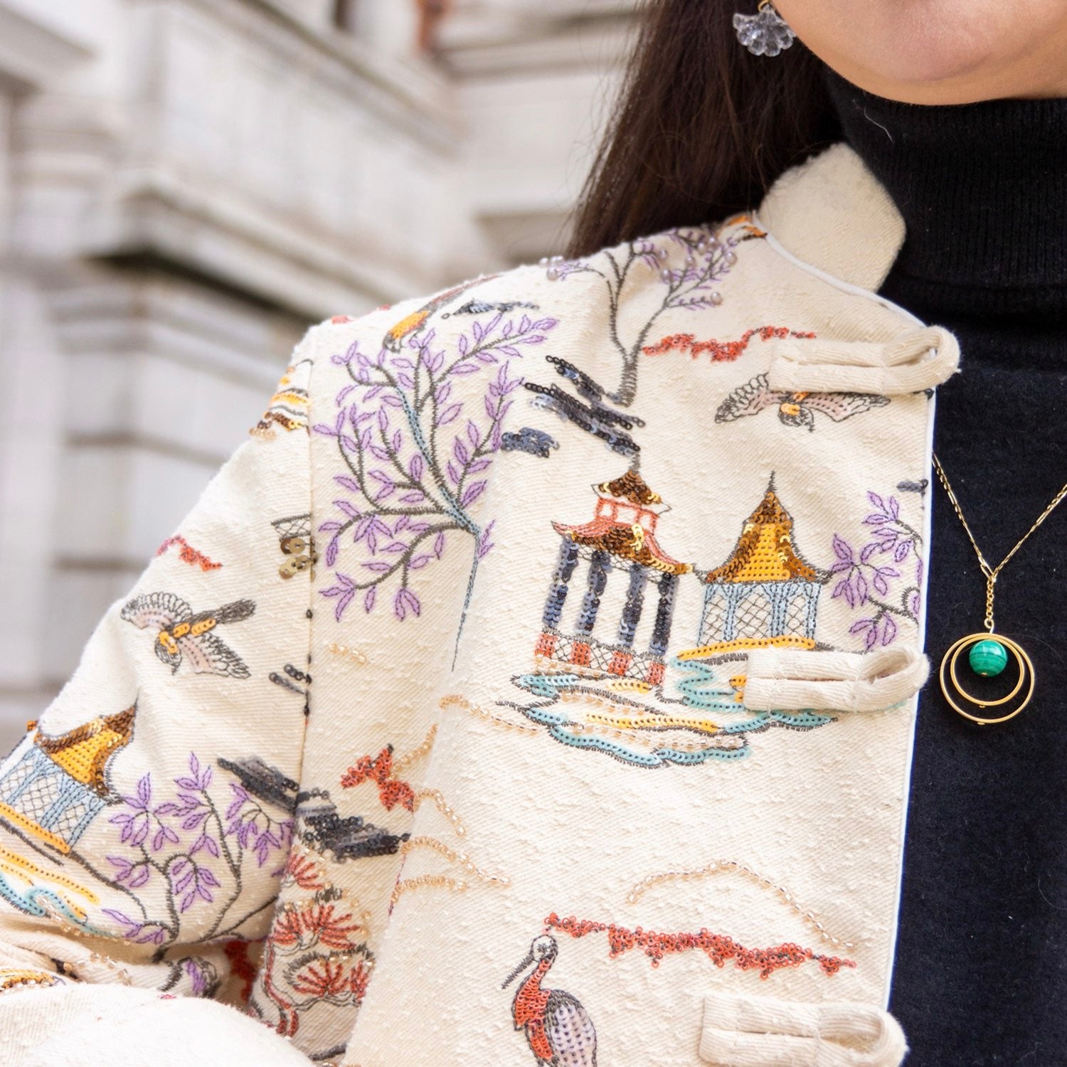 Embroidered Oriental Style Painting Stitching Short Coat All Seasons