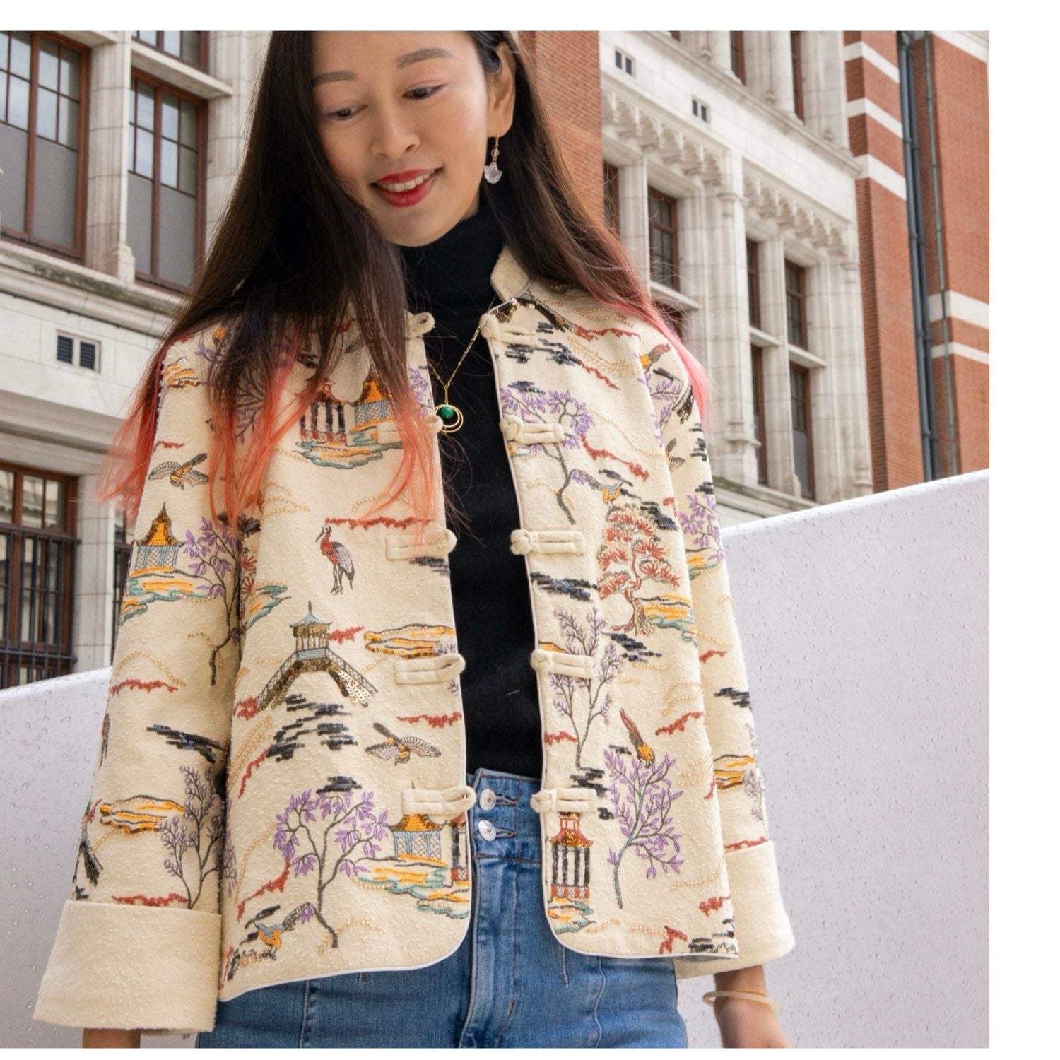Embroidered Oriental Style Painting Stitching Short Coat All Seasons