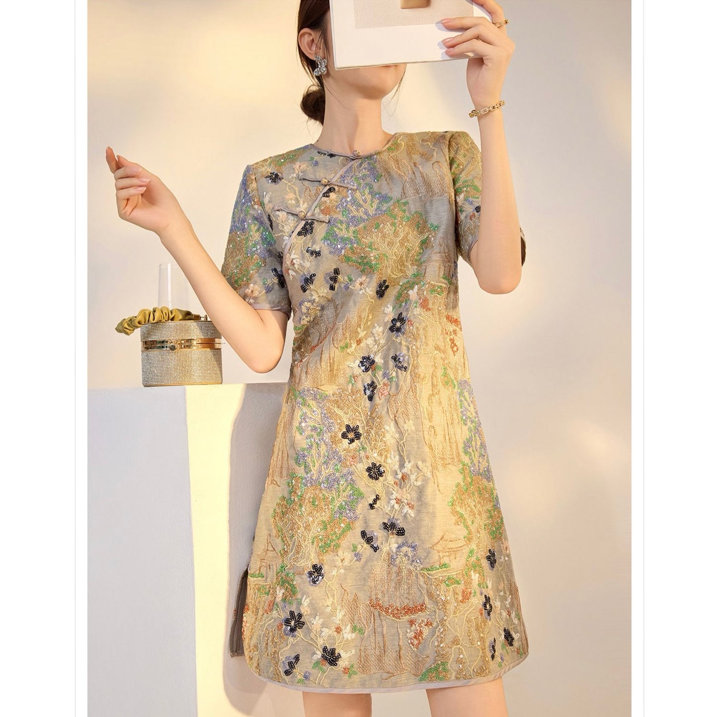 Embroidered Floral Jacquard Romantic Mini Dress