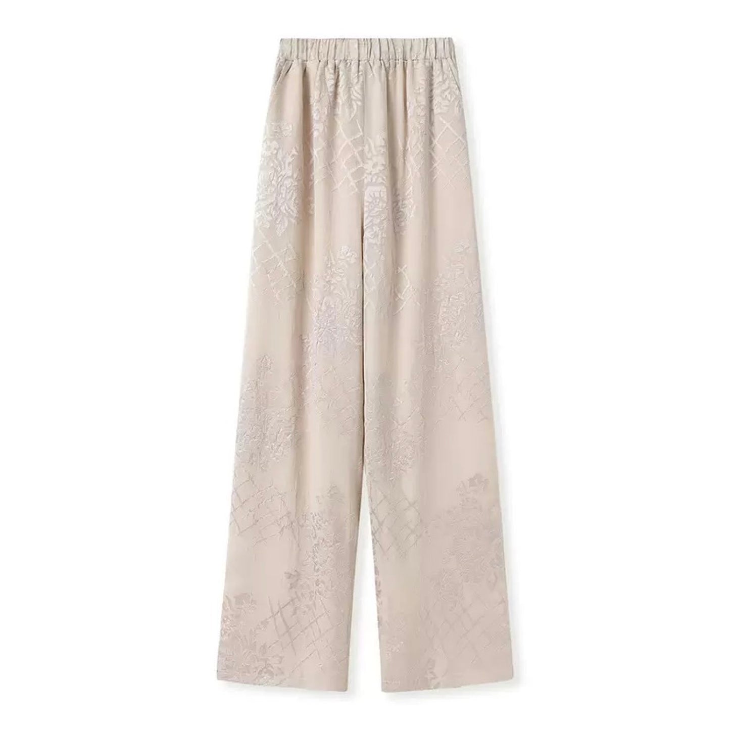 Embroidered Detail Floral Pull On Trousers in Champagne Beige