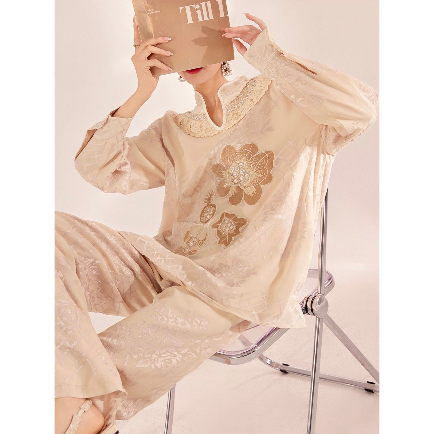 Embroidered Detail Floral Pull On Trousers in Champagne Beige