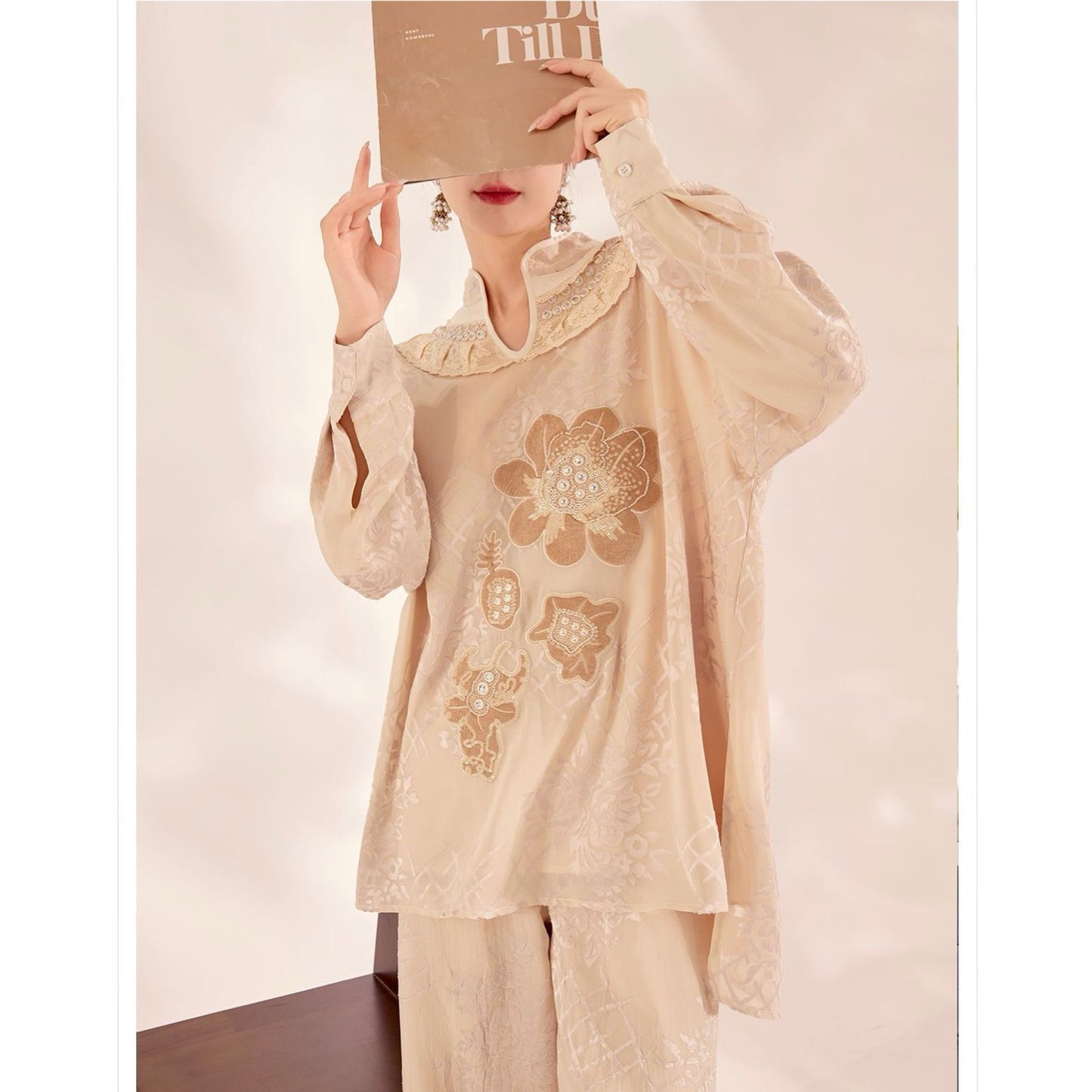 Embroidered Detail Floral Pull On Trousers in Champagne Beige