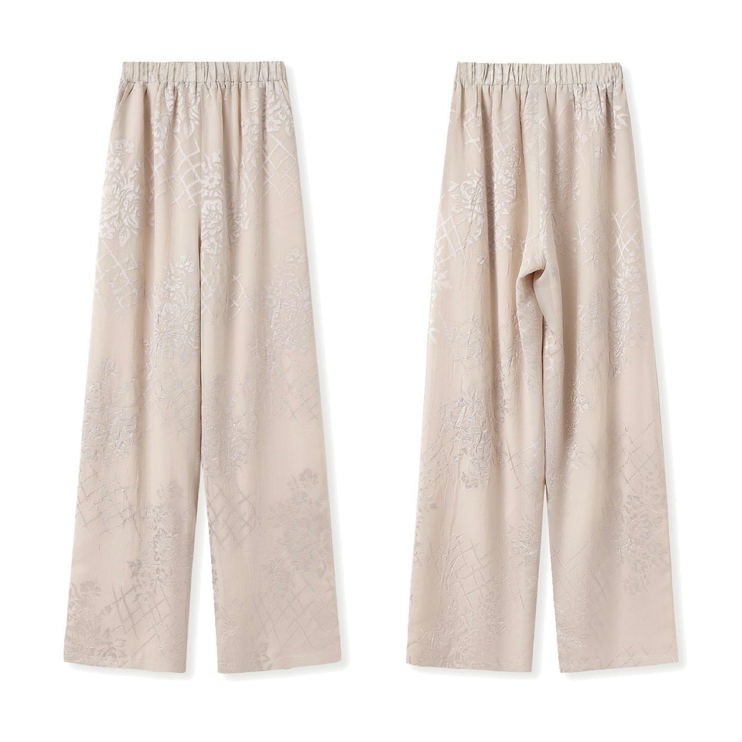 Embroidered Detail Floral Pull On Trousers in Champagne Beige