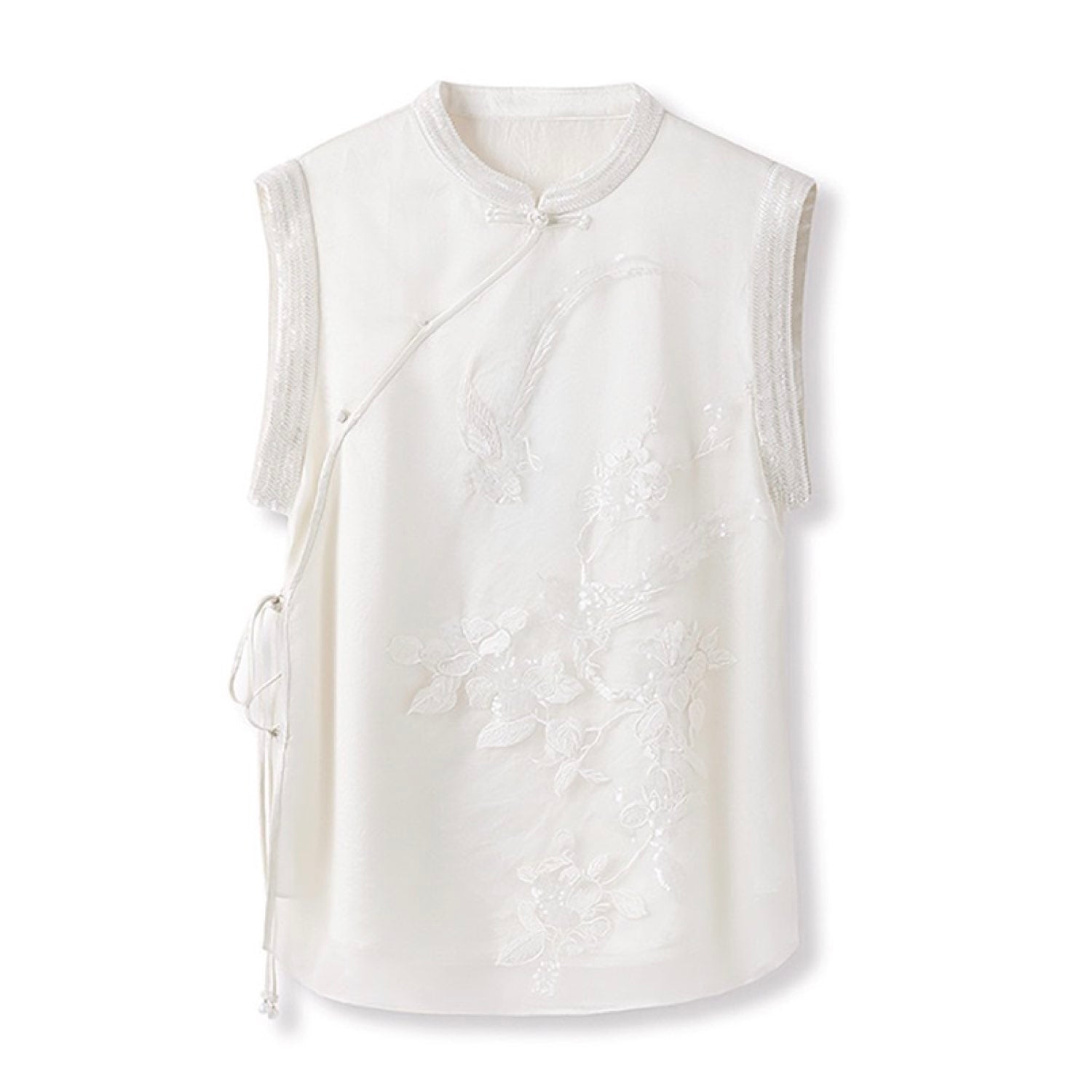 Embroidered White Mulberry Silk Floral Vest