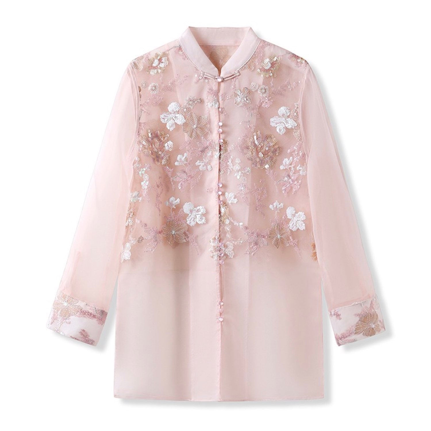 Embroidered Sheer Pink Floral Shirt