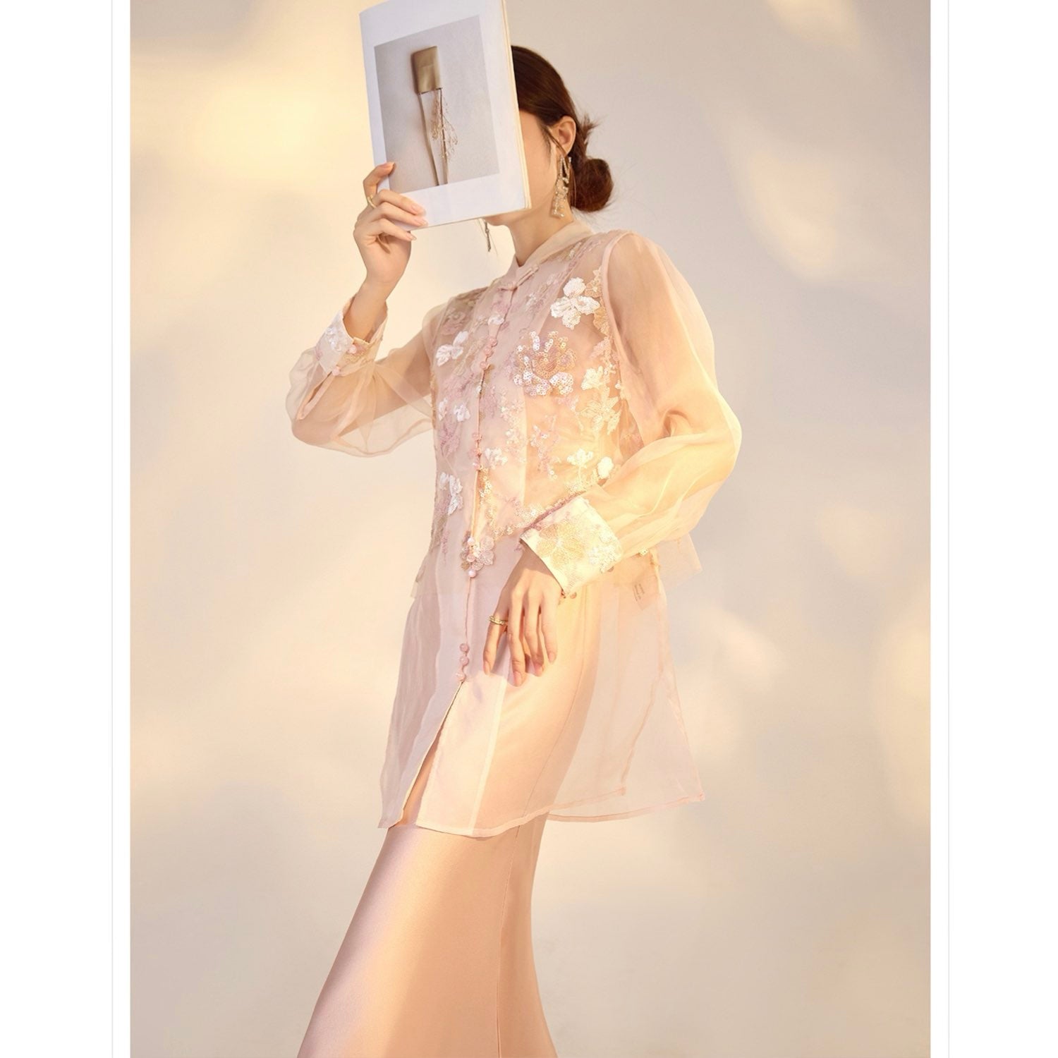Embroidered Sheer Pink Floral Shirt