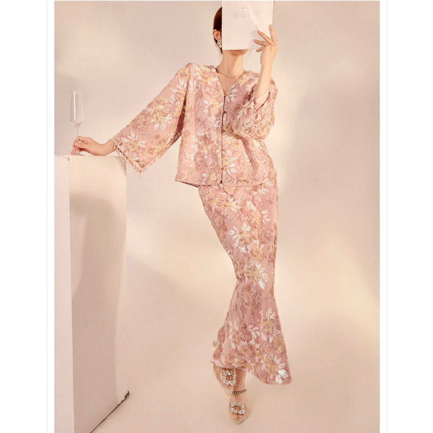 Embroidered Blush Pink Flowers Co Ord Set