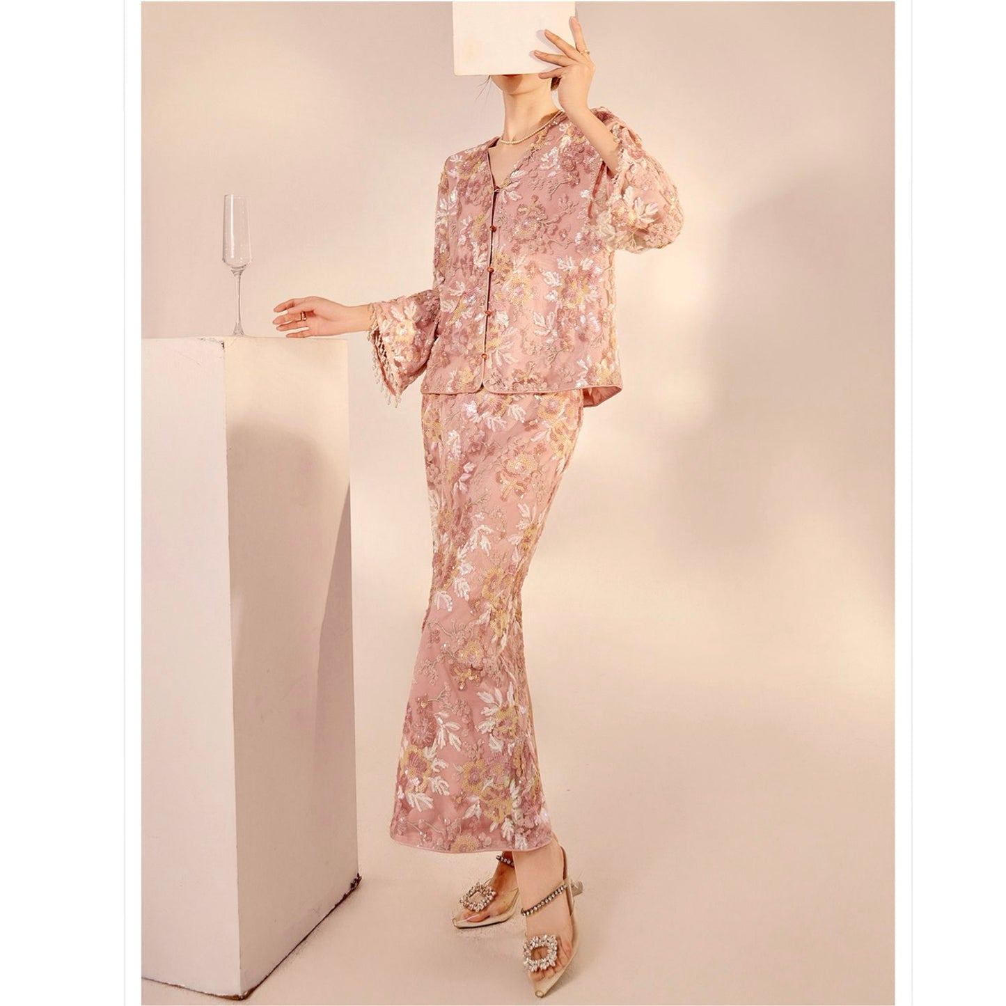 Embroidered Blush Pink Flowers Co Ord Set