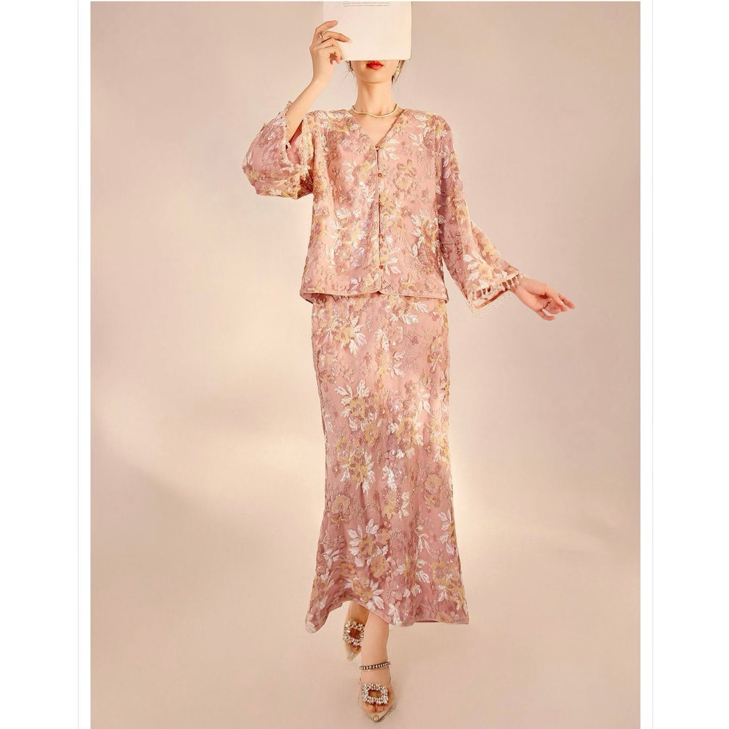 Embroidered Blush Pink Flowers Co Ord Set