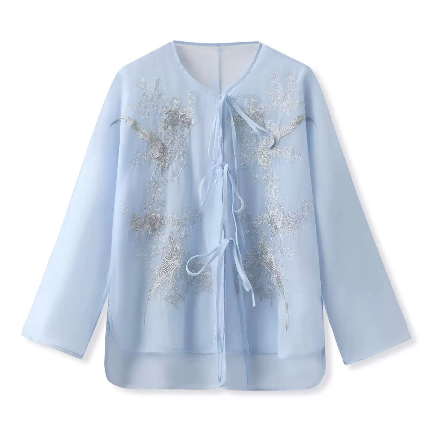 Embroidered Light Blue Solid Tie Floral Cardigan