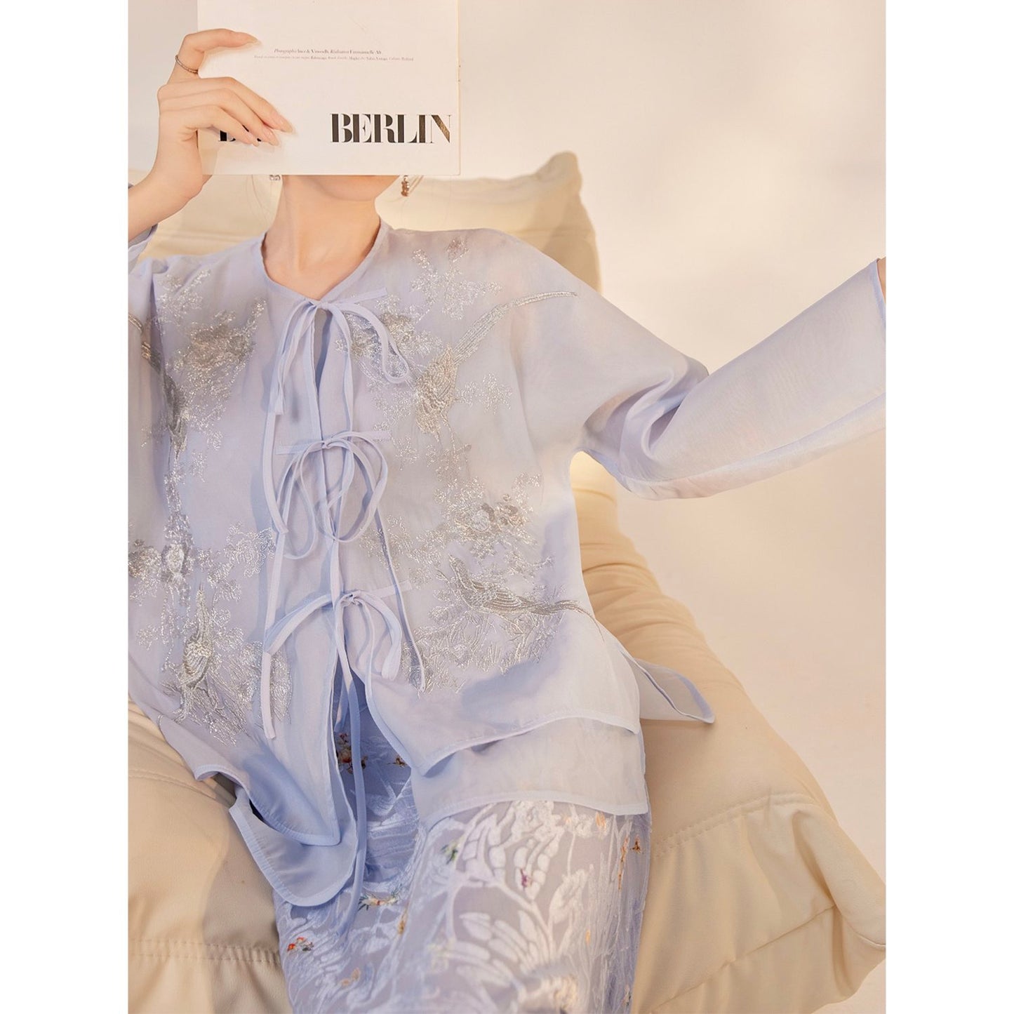 Embroidered Light Blue Solid Tie Floral Cardigan