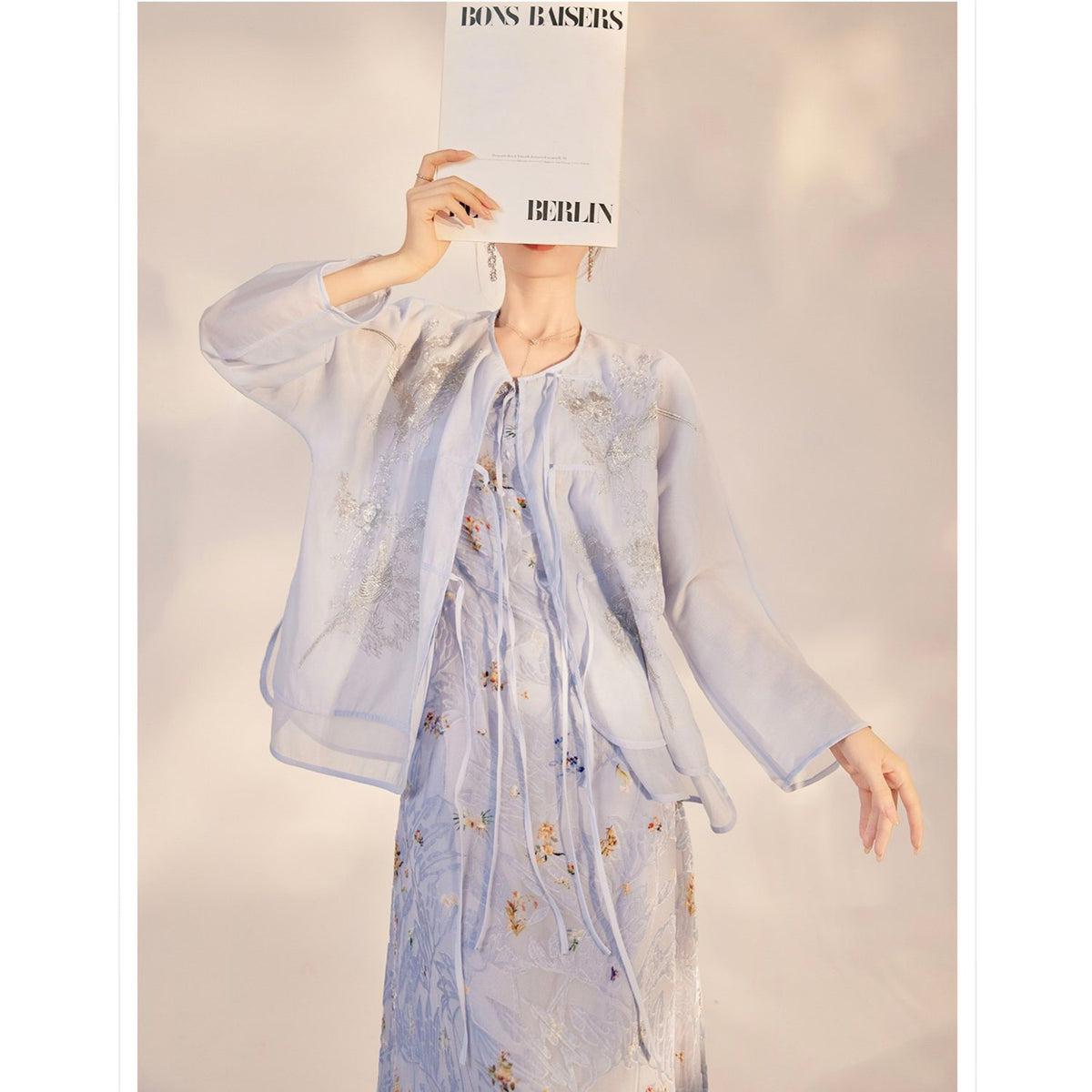 Embroidered Light Blue Solid Tie Floral Cardigan