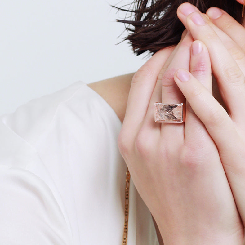 Natural White Crystal Texture Gold-plated Silver Adjustable Ring