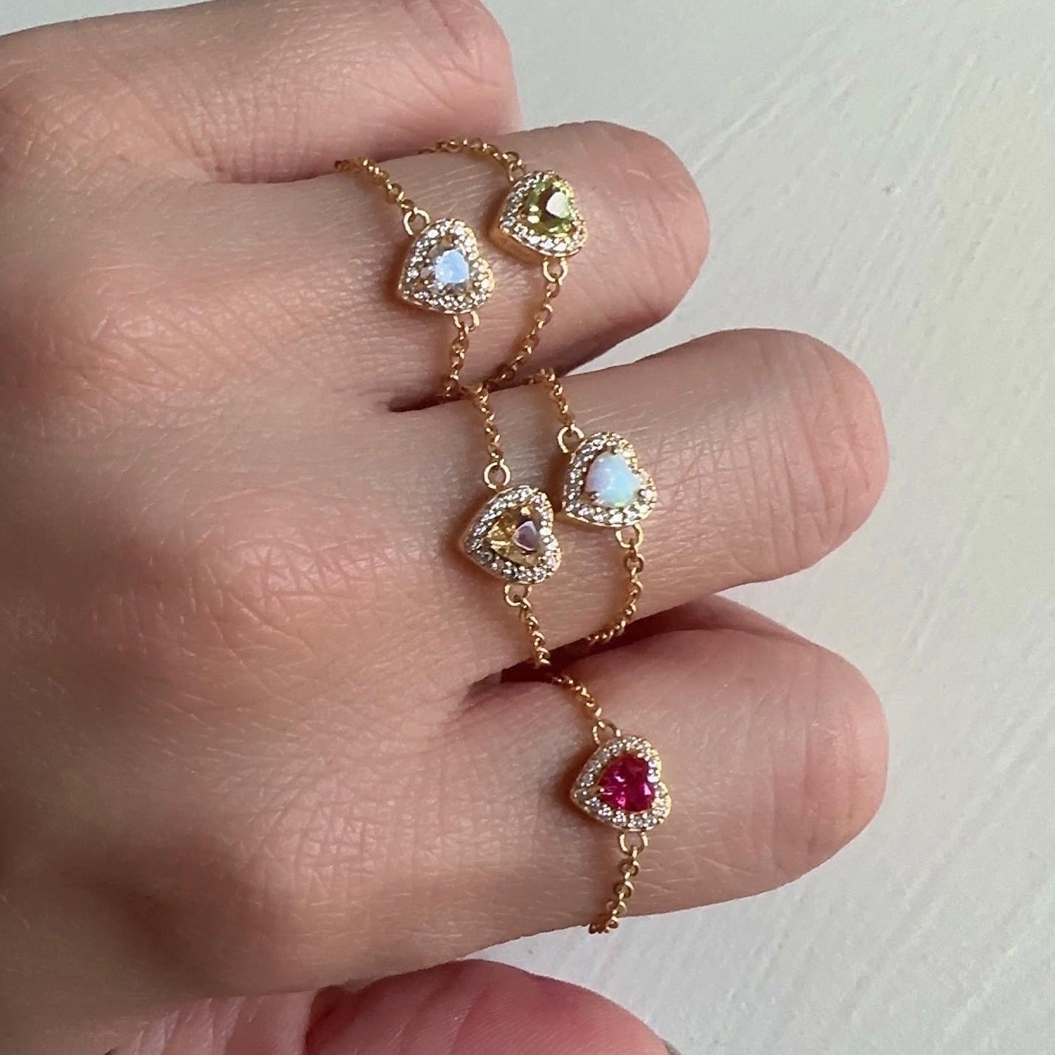 Pink Opal Birthstones Love Heart Zipper Gold Ring