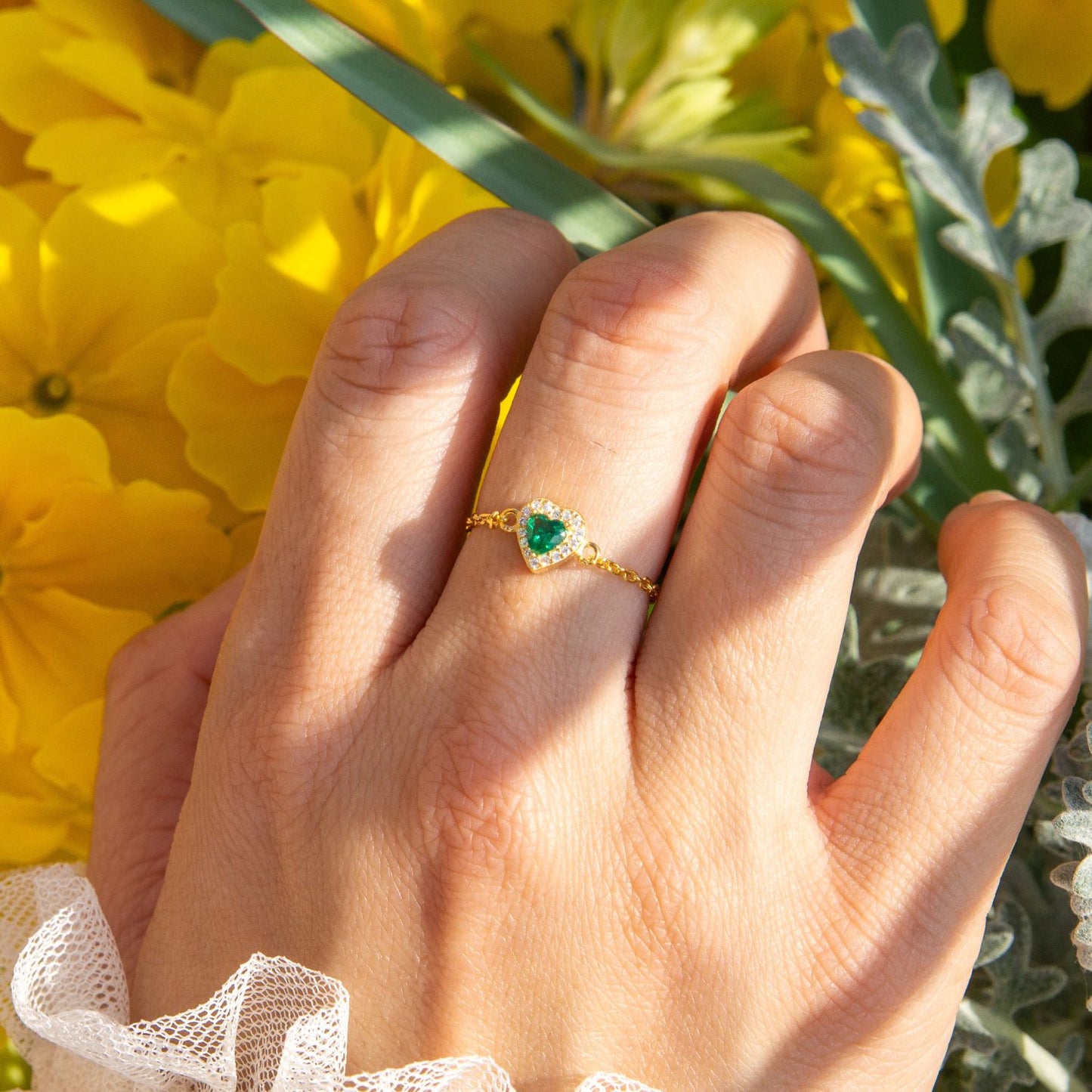 Emerald Birthstones Love Zipper Gold Ring