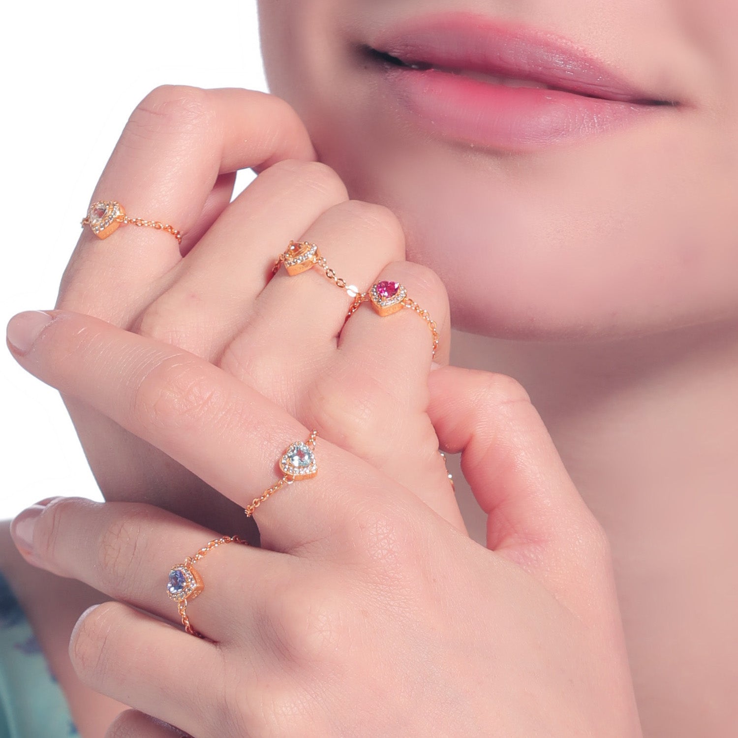 Pink Opal Birthstones Love Heart Zipper Gold Ring