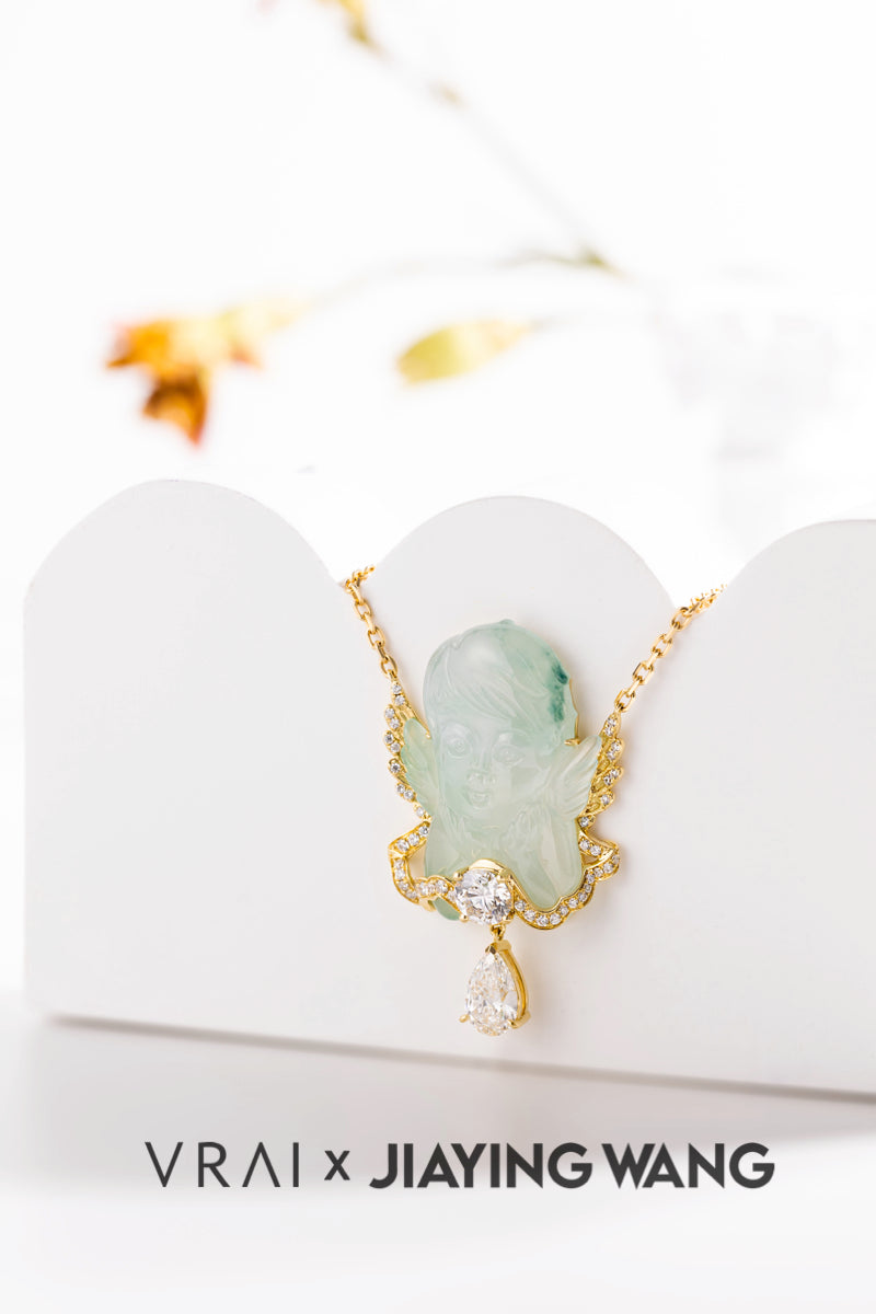 Handmade Engraving Jade Diamond Angel Pendant Necklace