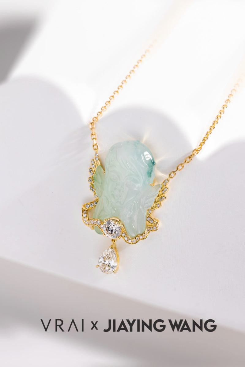 Handmade Engraving Jade Diamond Angel Pendant Necklace