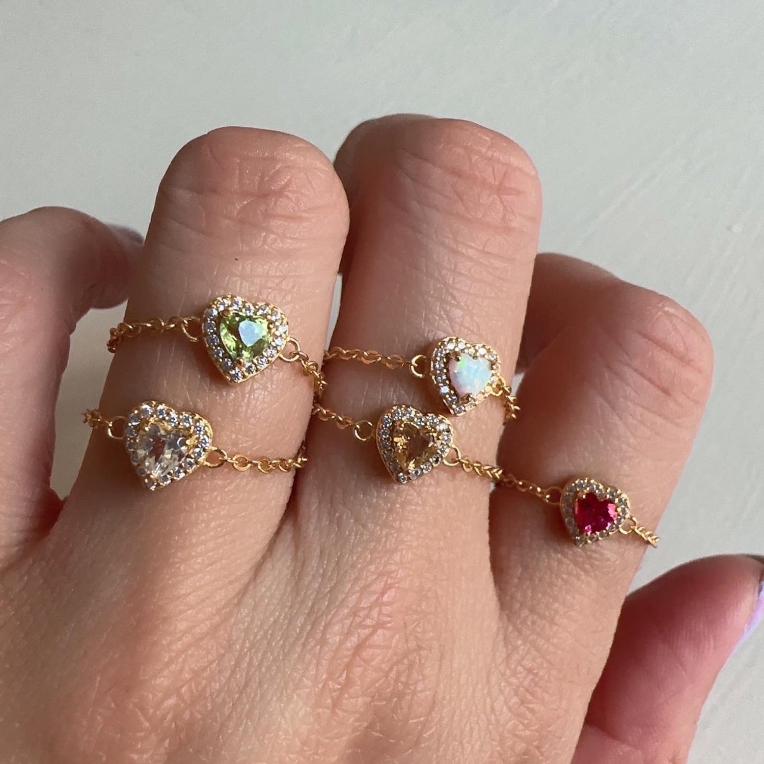 Pink Opal Birthstones Love Heart Zipper Gold Ring