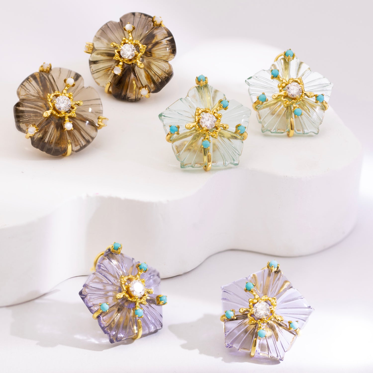 Dewdrop Bloom Floria Diamond Engraved Crystal Turquoise Earring
