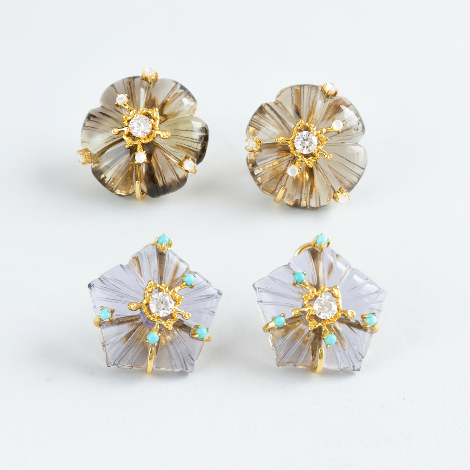 Dewdrop Bloom Floria Diamond Engraved Smoke Crystal Earring Mother of Pearl