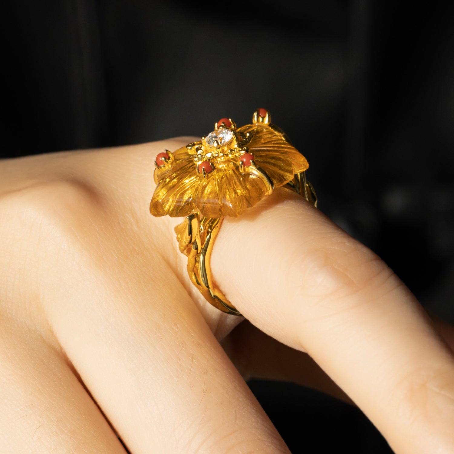 Dewdrop Bloom Floria Diamond Engraved Citrine Agate Adjustable Ring Yellow