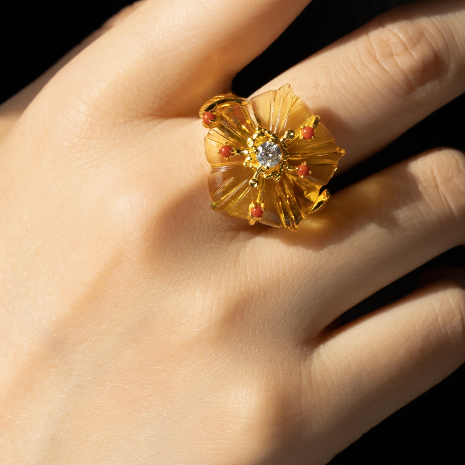 Dewdrop Bloom Floria Diamond Engraved Citrine Agate Adjustable Ring Yellow