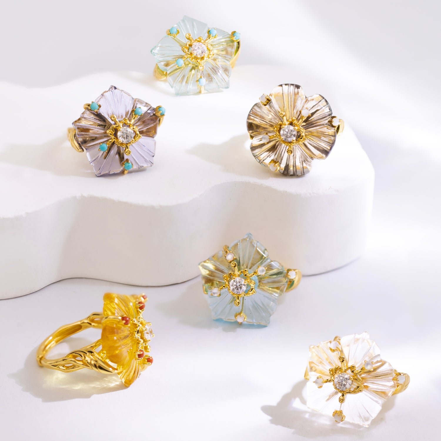 Dewdrop Bloom Floria Diamond Engraved Citrine Agate Adjustable Ring Yellow