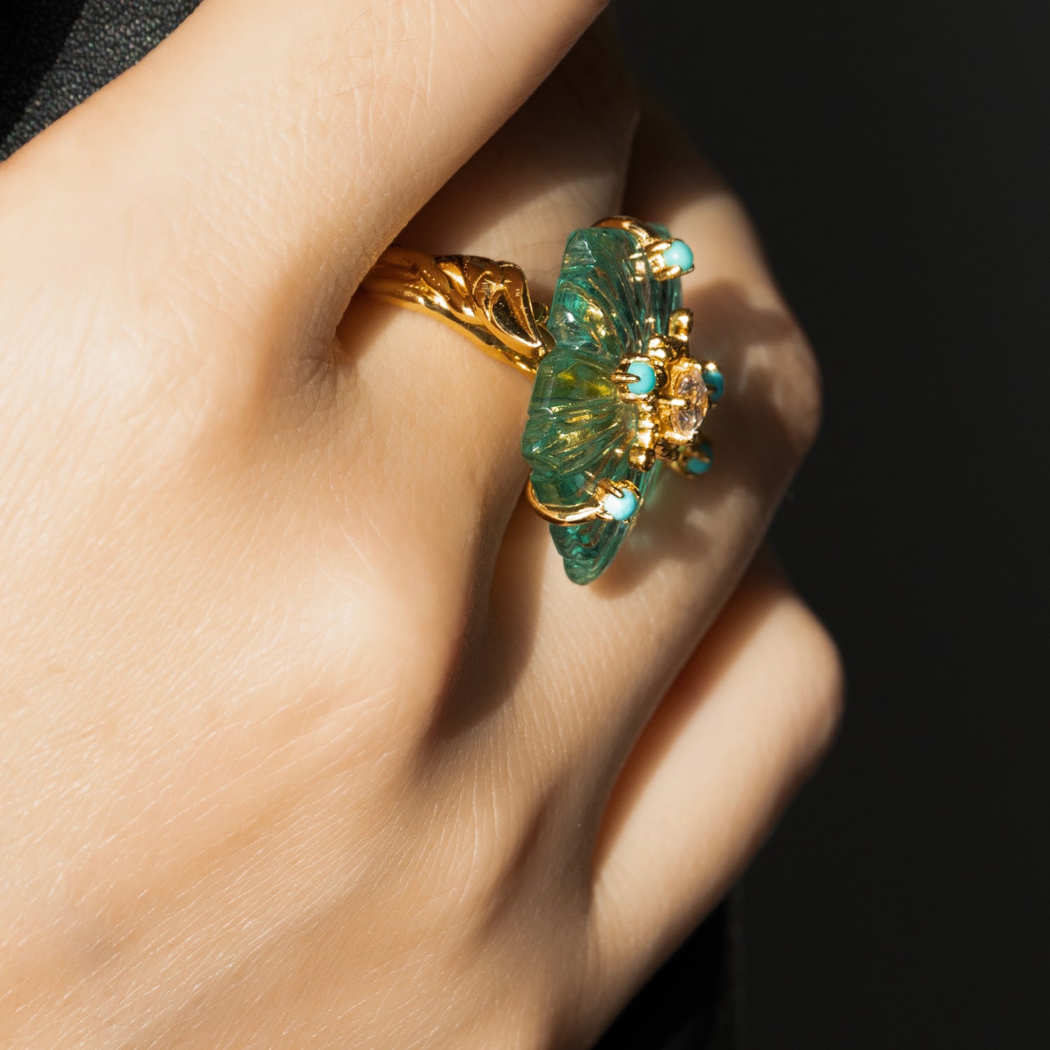 Dewdrop Bloom Floria Diamond Engraved Blue Topaz Turquoise Adjustable Ring